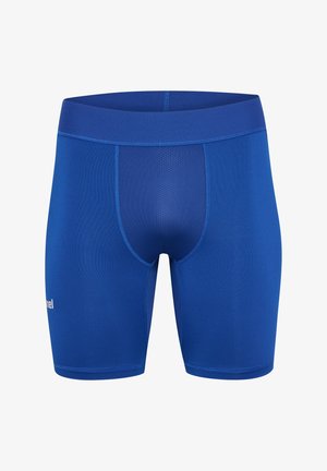 Blaue Sportshorts aus einem glatten, elastischen Material. Sie verfügen über einen breiten Bund und ein nahtloses Design mit einem verstärkten Frontbereich.