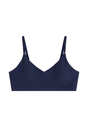Marineblå bralette med tynde justerbare stropper, trekantede skåle og uden bøjle eller polstring, på en hvid baggrund.