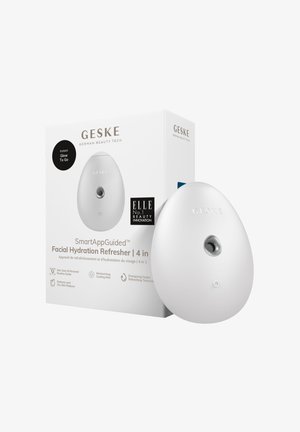 Witte, ovale gezichts hydratatie verfrisser met een zilveren spuitmond. Inclusief een doos met branding, gebruiksinstructies en iconen voor functies.
