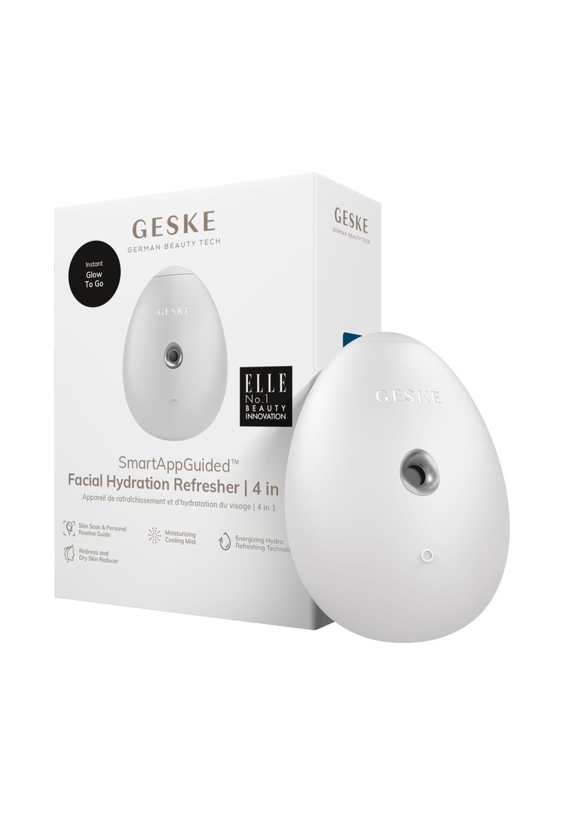 Hydrateur facial ovale blanc avec un embout en métal argenté. Comprend une boîte avec un logo, des instructions d'utilisation et des icônes pour les fonctionnalités.