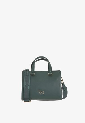 Borsa a mano in pelle verde scuro con doppio manico, tracolla regolabile, accessori in oro e logo embossato sul fronte. Design rettangolare.