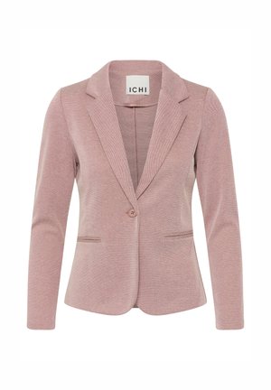 Blazer rose clair à coupe ajustée, avec revers crantés, fermeture à un bouton et poches latérales. Tissu doux et texturé.