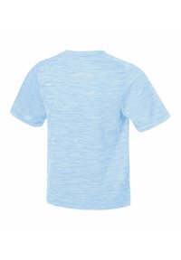 T-shirt bleu clair à manches courtes avec une finition texturée et chinée et un col rond. La vue de dos montre une coupe décontractée et un design simple.