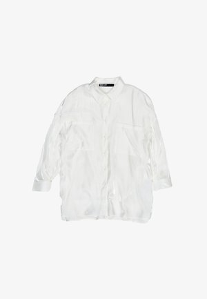 Weißes, knopfbares Hemd aus transparenter Stoff in glatter Textur. Verfügt über zwei Fronttaschen und lange Ärmel mit geknöpften Details.