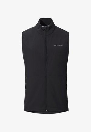 Zwarte mouwloze vest met hoge kraag, voorkant met rits, twee zijzakken met rits en subtiele logo-details. Gemaakt van glad, lichtgewicht materiaal.