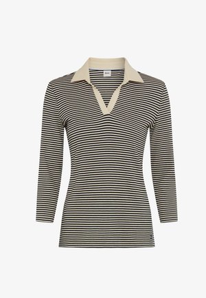 Gestreiftes Langarmoberteil mit beigem Kragen, das dünne schwarze und cremefarbene Streifen sowie ein V-Ausschnitt-Design aufweist. Weiches, strukturiertes Material.