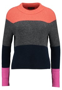 Svetr s barevným blokováním vyrobený z ribového úpletu. Obsahuje korálovou, šedou, námořnickou a růžovou část. Klasický kulatý výstřih s dlouhými rukávy.