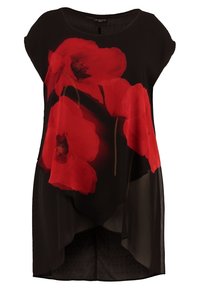 Černá tunika s volným střihem a velkým červeným potiskem makových květů. Vyrobena z lehkého materiálu s zakřiveným lemem a krátkými rukávy.