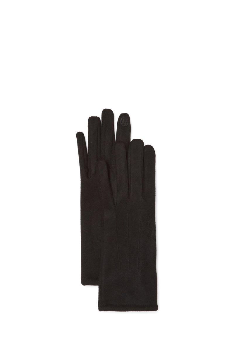 Ein Paar schwarze Fleecehandschuhe mit einem touchscreen-kompatiblen Patch am Zeigefinger des rechten Handschuhs, flach auf einem weißen Hintergrund ausgelegt.