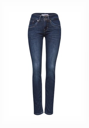Donkerblauwe spijkerbroek met een slim fit, met een middelmatige taille, vijfpocketsysteem en contrasterende stiksels. Gladde textuur over de hele broek.