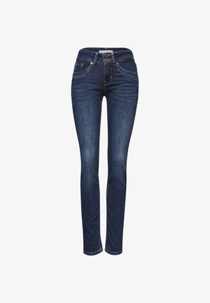 Mörkblå denimjeans med slim fit, med en mid-rise midja, femficksdesign och kontrasterande sömmar. Slät textur över hela ytan.