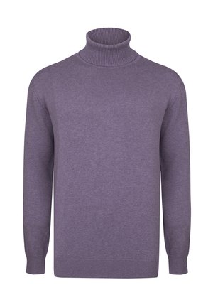 Lila Turtleneck-Pullover aus einem weichen Strickmaterial. Verfügt über lange Ärmel, einen gerippten Kragen und einen glatten Saum.