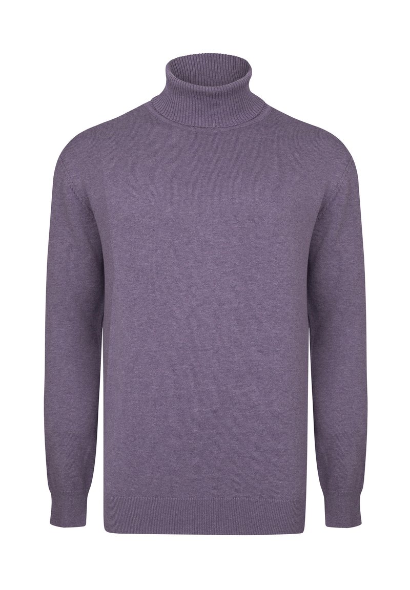 Suéter de cuello alto púrpura hecho de un material de punto suave. Presenta mangas largas, cuello y dobladillo acanalados con una textura suave.