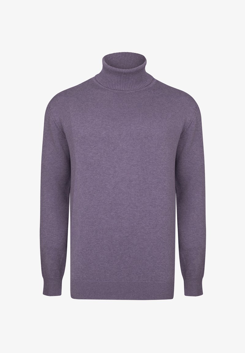 Lilla puuvillane kõrge kaelusega sviiter, mis on valmistatud pehmest kudumismaterjalist. Omab pikki varrukaid, soonikuga kaelust ja serva ning sileda tekstuuri.