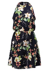 Blommig klänning med svart bakgrund, prydd med stora vita och rosa blommor, korta ärmar och elastisk midja för en avslappnad passform.