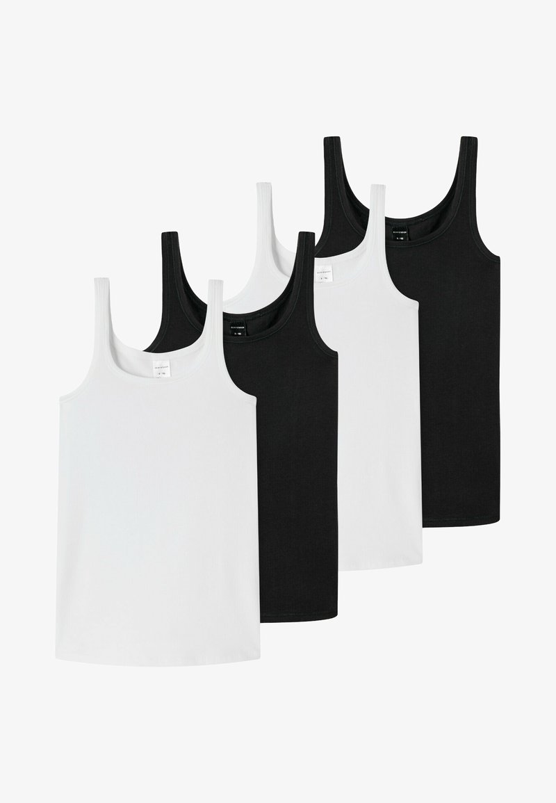 Cztery topy na ramiączkach są wyeksponowane, dwa czarne i dwa białe, o prążkowanej strukturze i okrągłych dekoltach. Każdy ma prosty dół.