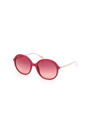 Ochelari de soare rotunzi cu un cadru lucios de culoare fucsia și lentile roz cu degrade. Brațe subțiri din metal auriu. Design simplu și modern.