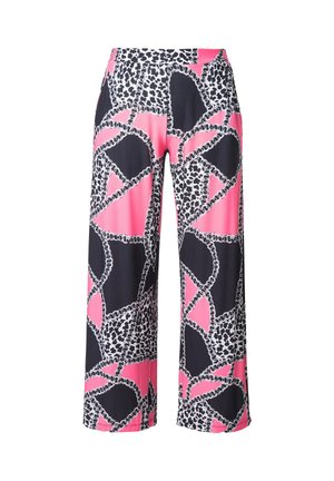 Bredde benbukser med et mønster i pink, sort og hvidt dyreprint med kæde-lignende detaljer. Fremstillet af et glat, let materiale.
