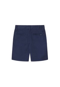 Pantaloni pantaloni blu navy con una texture liscia, vita elasticizzata e due tasche sul retro. Design semplice senza motivi o accenti.