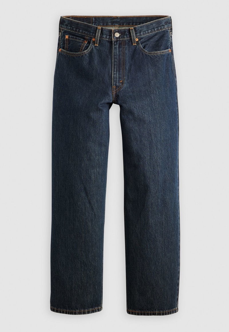 Dunkelblaue Jeans aus Denim mit geradem Bein. Verfügen über fünf Taschen, kontrastierende Naht und eine Knopfverschluss am Bund.