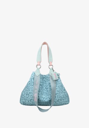 Lichtblauwe handtas met luipaardprint, gladde textuur, dubbele handvatten in contrasterende pastelkleuren, voorzien van een kleine bijpassende accessoire.