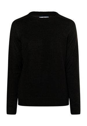 Juodas megztinis su apvaliu iškirpimu, ilgomis rankovėmis, grioveliais ant rankovių ir apatinės dalies. Ypatumai: lygi tekstūra ir standartinis siluetas.