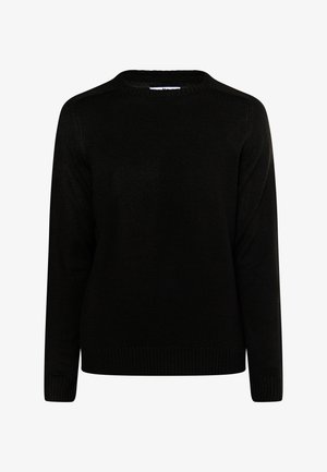 Black knitted sweater with a round neckline, long sleeves, ribbed cuffs, and hem. Features a smooth texture and standard fit.