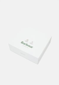Caixa retangular branca com tampa articulada, apresentando texto verde "Barbour" e um pequeno logotipo, design minimalista, textura suave e sem padrões adicionais.