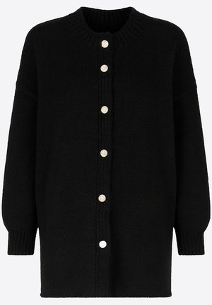 Cardigan nero realizzato in maglia testurizzata, caratterizzato da scollo rotondo, chiusura con bottoni in tonalità argento e maniche lunghe.