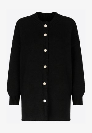 Cardigan nero realizzato in maglia testurizzata, caratterizzato da scollo rotondo, chiusura con bottoni in tonalità argento e maniche lunghe.