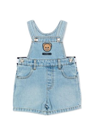 Jasnoniebieski ogrodniczki dla malucha z denimu, z naszywką misia i logo MOSCHINO na przednim bibie, srebrnymi guzikami i przednimi kieszeniami.