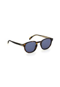 Schildpatt-Sonnenbrille mit runden Gläsern und blauen Linsen. Verfügt über schlanke Bügel mit goldenen Akzenten für zusätzliche Details.
