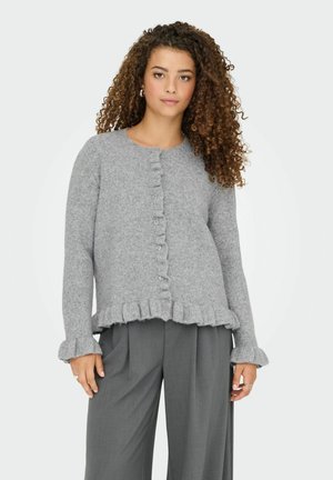 Grijze gebreide cardigan met een ronde halslijn, gerimpelde zoom en manchetten, en knoopsluiting aan de voorkant, gecombineerd met grijze wijde broek.