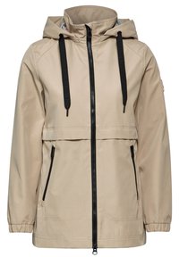 Veste légère beige avec capuche, dotée de fermetures éclair noires, de poignets élastiques et de deux poches avant. Tissu texturé avec un design sportif.