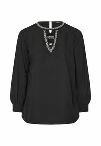 Blusa nera con schiena a chiave, presenta un collo a V decorato con gemme e maniche lunghe a sbuffo con polsini arricciati.