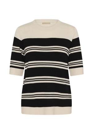 Top tricotat cu mânecă scurtă, crem și negru, cu dungi orizontale și decolteu rotund.