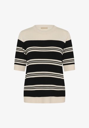 Krēmkrāsas un melns īsslīpuma adīts tops ar horizontālām svītrām un apaļu kakla izgriezumu.