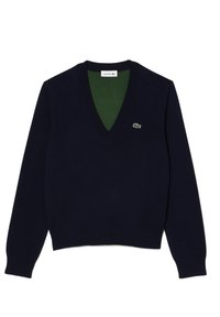 Maglione a V navy in morbido tessuto, con colletto e polsini a coste, interno verde a contrasto e piccolo logo sul petto.