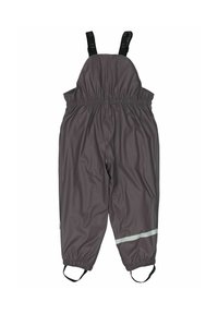 Salopette grise imperméable avec bretelles noires ajustables, taille et poignets élastiqués. Comprend une bande réfléchissante sur la partie inférieure de la jambe.