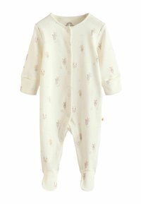 Baby-Body in Cremefarbe aus weichem Stoff, mit verschiedenen pastellfarbenen Tiermotiven und Druckknöpfen an der Vorderseite.