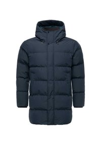 Navy blue padded winter coat with hood, long sleeves, front zipper, snap buttons, and side pockets.
