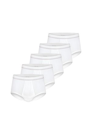 Five white ribbed men's briefs arranged in a staggered row with a thin red-striped waistband on a white background.