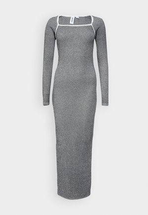 Graues geripptes Langarmkleid mit figurbetontem Schnitt und quadratischem Ausschnitt. Verfügt über einen kontrastierenden weißen Saum. Hergestellt aus dehnbarem, strukturiertem Stoff.