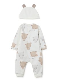 Cremfarbener Baby-Overall mit langen Ärmeln und Druckknopfverschlüssen, verziert mit hellbraunen Bärenillustrationen. Inklusive einer passenden Mütze mit Bärenohren.