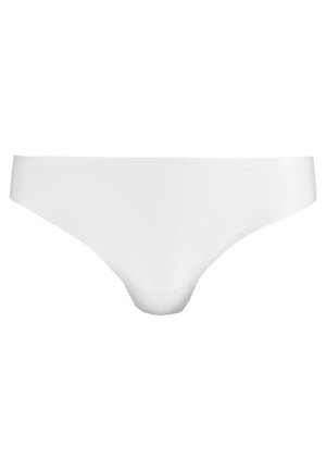Tanga de algodão branco com textura suave, design minimalista e forma de cintura baixa para um ajuste discreto.