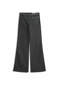 Weite schwarze Denim-Hosen zeichnen sich durch eine hohe Taille, Gesäßtaschen und mit Nieten besetzte Akzente am Bund aus. Baumwollstoff mit einer glatten Textur.