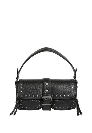 Black textured leather shoulder bag with buckle closure, metal studs along edges, two small front pockets, and short handle strap.