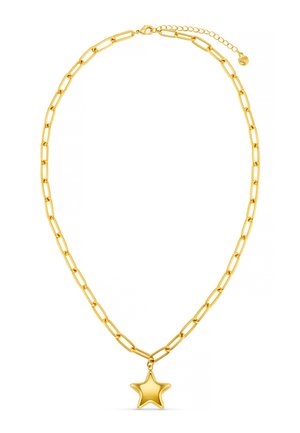 Collier en or avec un design de chaîne à maillons, mettant en avant un pendentif en forme d'étoile, texture lisse, et fermeture à boucle ajustable.