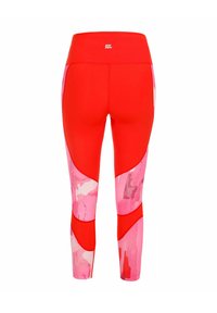 Leggings rojas con patrones abstractos en rosa y rosa claro, una cinturilla alta y un diseño ajustado. Fabricadas con material elástico y transpirable.