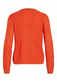 Gestrickter oranger Pullover mit langen Ärmeln, Rundhalsausschnitt und Ajourdetails entlang der Ärmel. Strukturierter Stoff mit geripptem Saum.